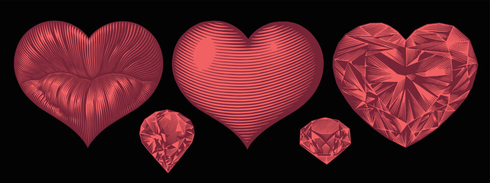 Valentines. Kiss, heart, diamond. Design set. Editable hand drawn illustration. Vector vintage engraving. Isolated on black background. 8 eps