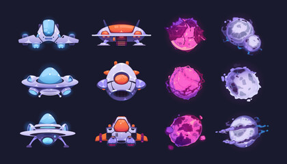 Fantasy planets and ships. Cartoon neon spaceship and cosmic icons for 2D game design, comic fantasy space ufo shuttles satellite rocket. Vector isolated set © Tartila
