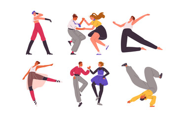 Dancing people set. Happy characters, young couples, man and woman dancers in movement, action to energetic music, fun and rave energy. Flat vector illustrations isolated on white background