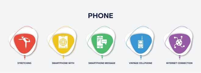 infographic element template with phone filled icons such as stretching, smartphone with internet, smartphone message, vintage cellphone, internet connection vector.