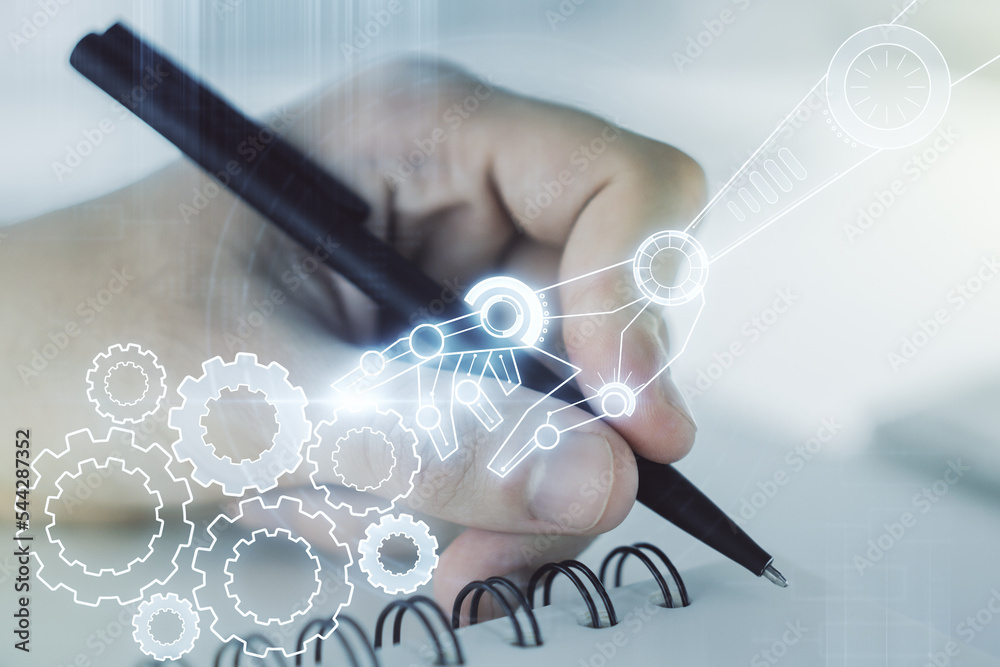 Aufkleber double exposure of robotics technology hologram and man hand writing in notebook on background. rese