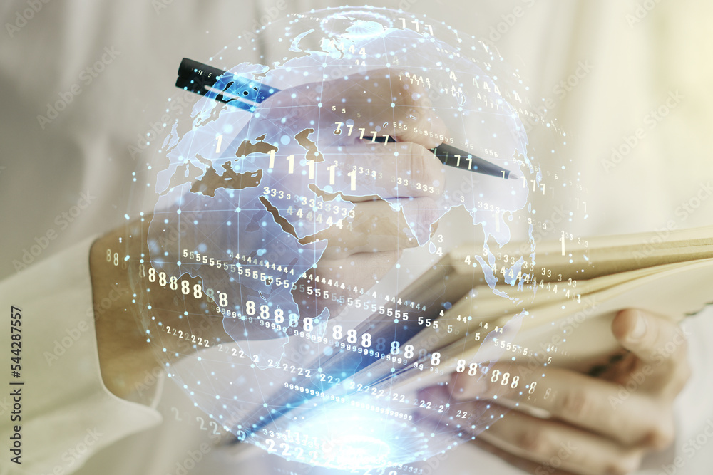 Poster double exposure of abstract creative programming illustration with world map and man hand writing in