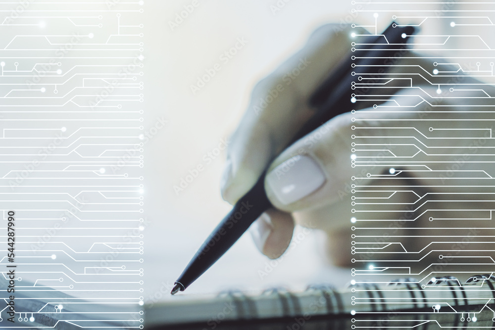 Poster creative abstract micro circuit sketch and woman hand writing in notepad on background, future techn