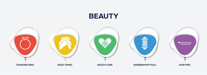 infographic element template with beauty filled icons such as diamond ring, head towel, health care, barbershop pole, hair pins vector.