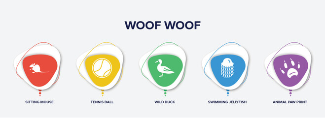 infographic element template with woof woof filled icons such as sitting mouse, tennis ball, wild duck, swimming jellyfish, animal paw print vector. - obrazy, fototapety, plakaty