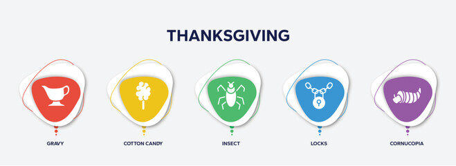 Fototapeta premium infographic element template with thanksgiving filled icons such as gravy, cotton candy, insect, locks, cornucopia vector.