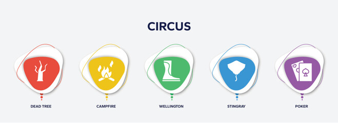 infographic element template with circus filled icons such as dead tree, campfire, wellington, stingray, poker vector.