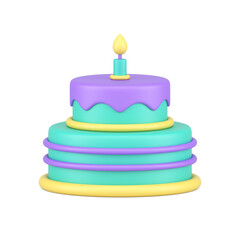 Sweet festive cake anniversary celebration delicious one burning candle realistic 3d icon