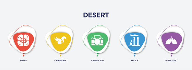 infographic element template with desert filled icons such as poppy, chipmunk, animal aid, relics, jaima tent vector.