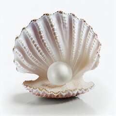 Isolated iridescent colors oyster shell and pearl resting inside illustration with white background. 