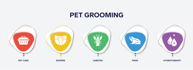 infographic element template with pet grooming filled icons such as pet cage, diapers, lobster, frog, hydrotherapy vector.