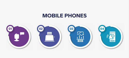 infographic element template with mobile phones filled icons such as monologue, toaster, business stats on phone, bell interface vector.
