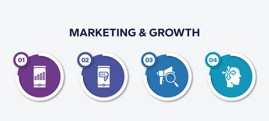 infographic element template with marketing & growth filled icons such as high, battery charge, expertise, introvert vector.