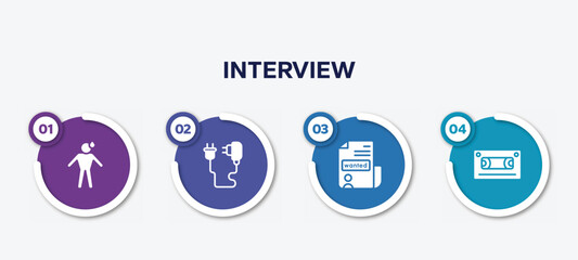 infographic element template with interview filled icons such as shy, phone charger, wanted, audio tape vector.