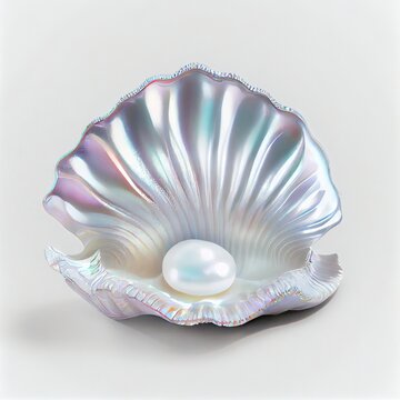 Isolated iridescent colors oyster shell and pearl resting inside illustration with white background. 