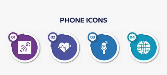 infographic element template with phone icons filled icons such as refresh wifi, heart rate, listener, worlwide transmission vector.