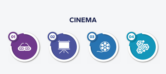 infographic element template with cinema filled icons such as old 3d glasses, fabric for movies, film roll side view, solid vector.