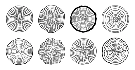 Fototapeten Tree ring wood circle set. Hand drawn tree ring pattern, line ripple circle wood texture. Wood organic slice line design. Vector illustration. © Polina Tomtosova