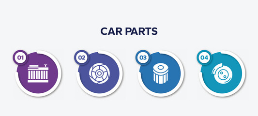 infographic element template with car parts filled icons such as car radiator, car tyre, oil filter, disc brake vector. © VectorStockDesign