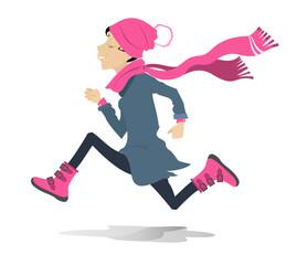 Running young woman. 
Funny running woman in the hat and big scarf. Illustration on white background
