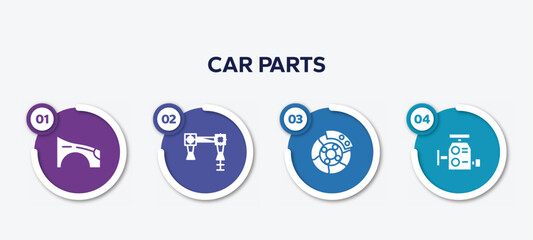 infographic element template with car parts filled icons such as car fender (us, canadian), car torsion bar, brake, carburettor vector.