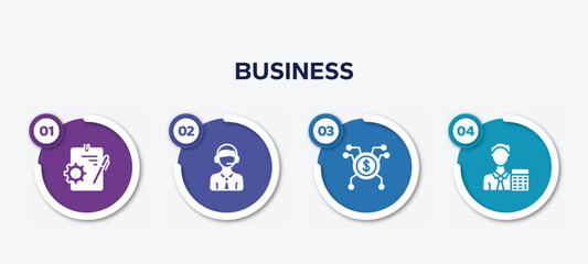 infographic element template with business filled icons such as instructions, online support, spreading, accountant vector.