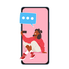 Fashionable Girl Teenager Making Selfie and Chat by Smartphone. Young Woman Character Posing and Photographing on Mobile