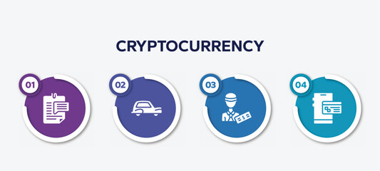 infographic element template with cryptocurrency filled icons such as enquiry, old car, officer, online banking vector.