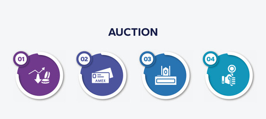 infographic element template with auction filled icons such as profit growth, , judge chair, hand up vector.