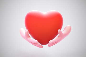 3D cartoon human hands holding red heart on grey background. Abstract concept of hope, love, charity and medicine. Two cartoon style funny open man palms showing heart. Vector illustration.