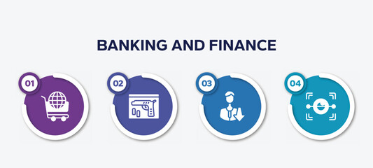 infographic element template with banking and finance filled icons such as world wide shopping, evidence, low, eye scan vector.