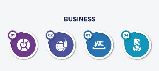 infographic element template with business filled icons such as allocation, trademark, earning, businesswoman vector.