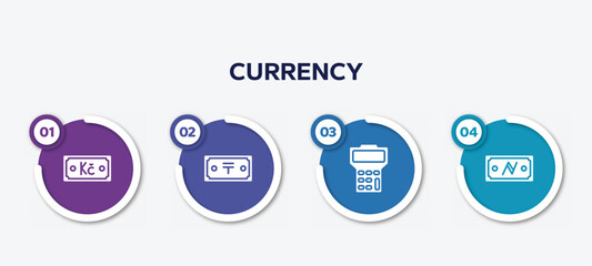 infographic element template with currency filled icons such as koruna, tenge, maths, namecoin vector.