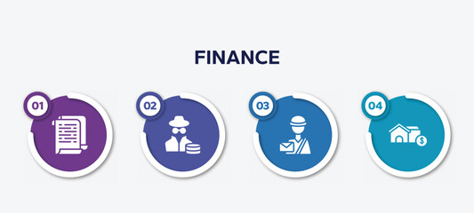 infographic element template with finance filled icons such as white paper, anonymous, mailman, real state vector.