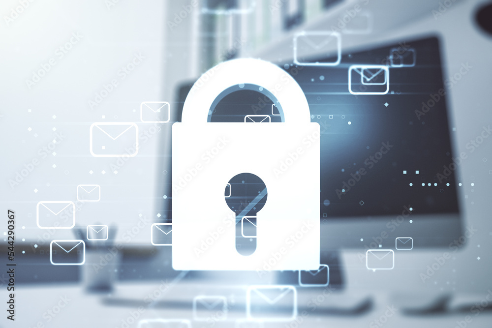 Poster creative lock sketch with email symbols hologram and modern desk with computer on background, protec