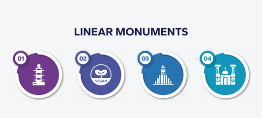 infographic element template with linear monuments filled icons such as auspicious light pagoda, vegetarian, , cathedral of morelia vector.