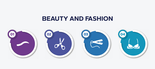 infographic element template with beauty and fashion filled icons such as eyebrow, children scissors, straightener, brassiere vector.