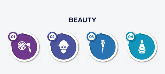 infographic element template with beauty filled icons such as cheek brush, bold man with moustache, makeup brush, beauty perfume vector.