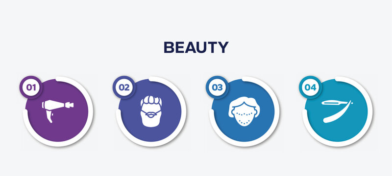 infographic element template with beauty filled icons such as electric hairdryer, man with moustache and bear, botox, barber knife vector.
