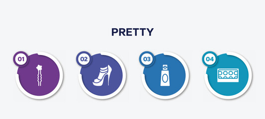 infographic element template with pretty filled icons such as two hairpins, high heel, shampoo bottle, eye shadow pallette vector.