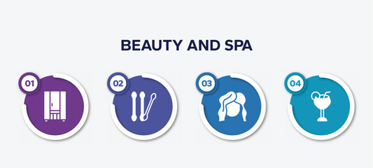 infographic element template with beauty and spa filled icons such as infrared, cotton swab, hairdresser, margarita vector.
