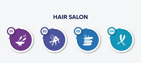 infographic element template with hair salon filled icons such as incense, haircut, hot stone, scissors badge vector.