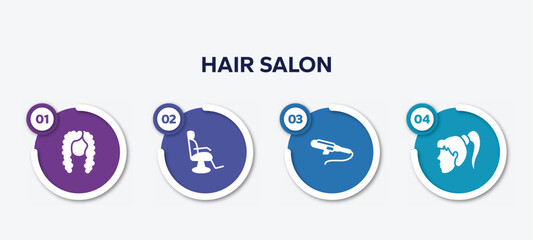 infographic element template with hair salon filled icons such as curled black long female hair shape, barber chair, curler, female head vector.