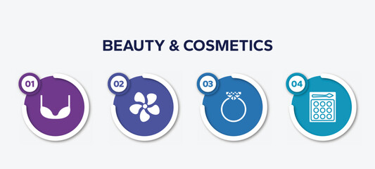 infographic element template with beauty & cosmetics filled icons such as bra, jasmine, diamond ring, shadow vector.