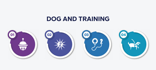 infographic element template with dog and training filled icons such as sleighbell, sea urchin, leash, guide dog vector.
