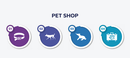infographic element template with pet shop filled icons such as dog leads, dog running, dog playing, pet first aid vector.