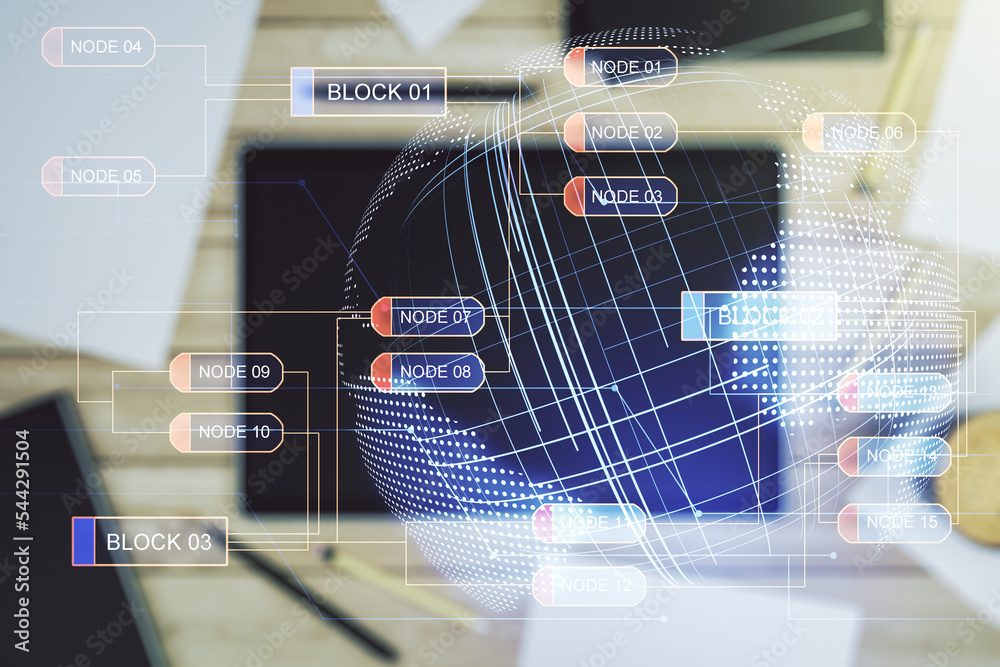 Fototapete abstract creative coding concept with world map and modern digital tablet on background, top view. m