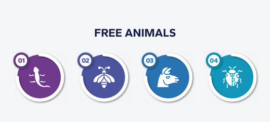 infographic element template with free animals filled icons such as curved lizard, big bee, lama head, spots ladybug vector.