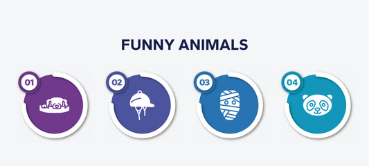 infographic element template with funny animals filled icons such as dog resting, hat for a jockey, mummy, panda face vector.