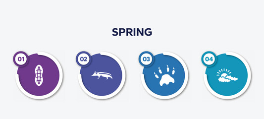 infographic element template with spring filled icons such as plankton, badger, paw print, cloudy vector.